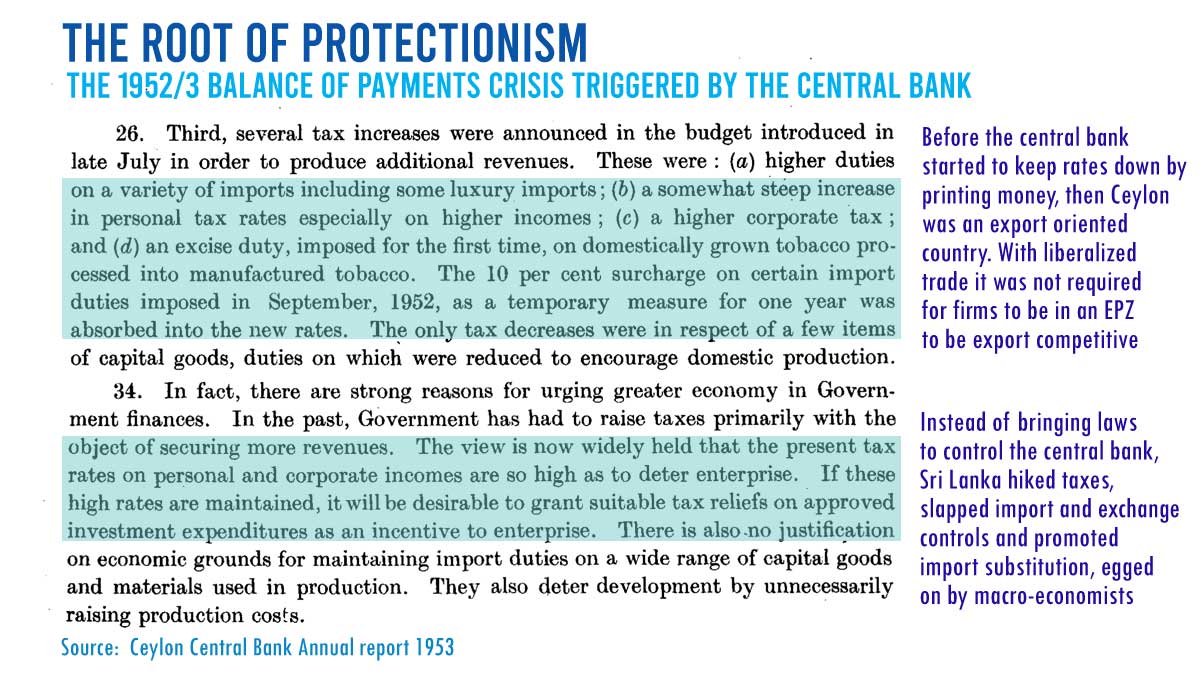 MONETARY INSTABILITY : Sri Lanka started to raise both income and import taxes from 1953 as the central bank created the first currency crisis, diverging then Ceylon from East Asia