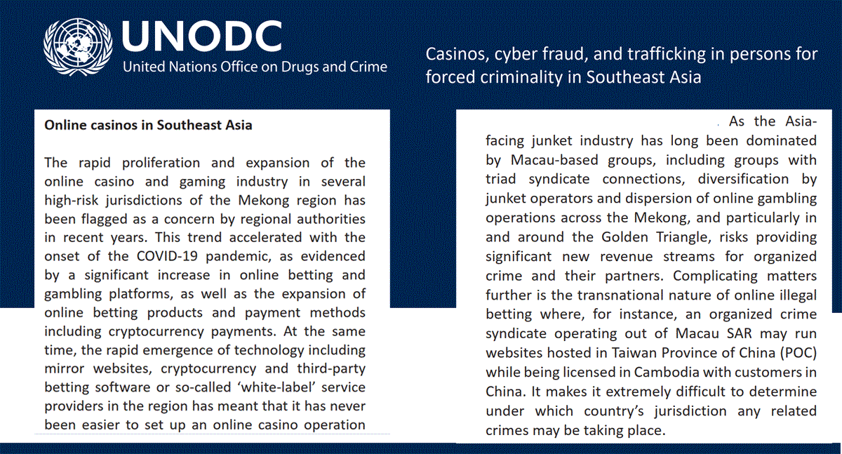 TRANSNATIONAL - A UN report found that illegal online casinos became a hot business for Transnational Organized Crime syndicates duringthe Covid
